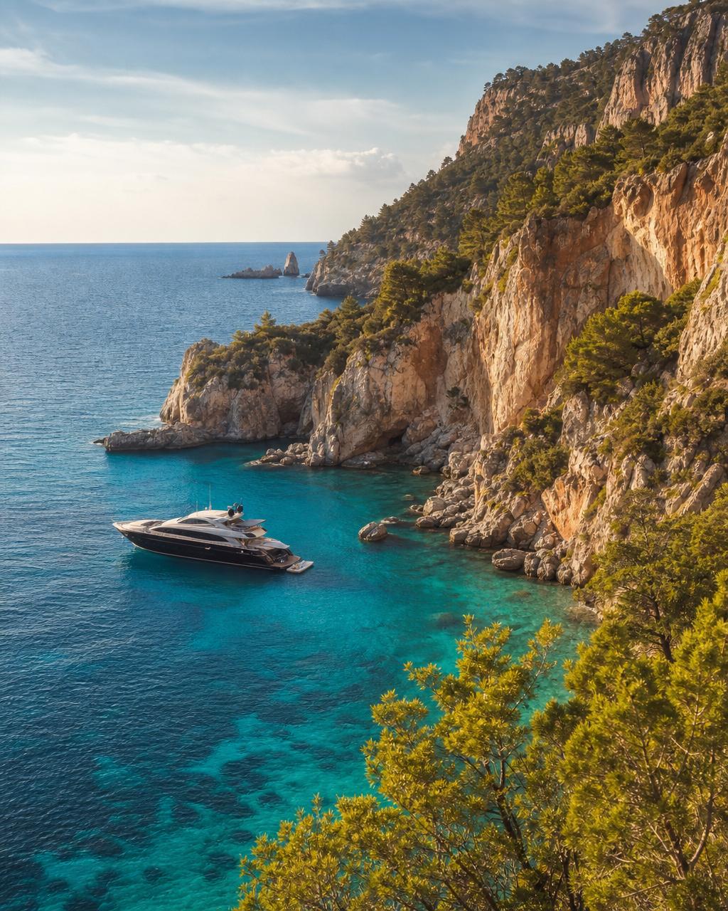 Turquoise Mediterranean coast near Antalya with a private yacht
