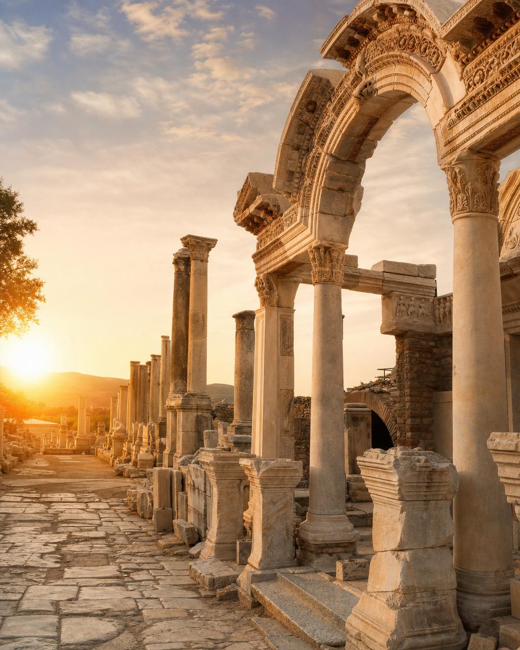 Ancient marble ruins of Ephesus near Kuşadası at golden hour