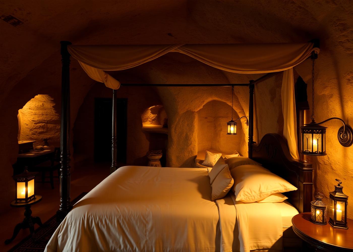 Warmly lit luxurious cave hotel suite at night
